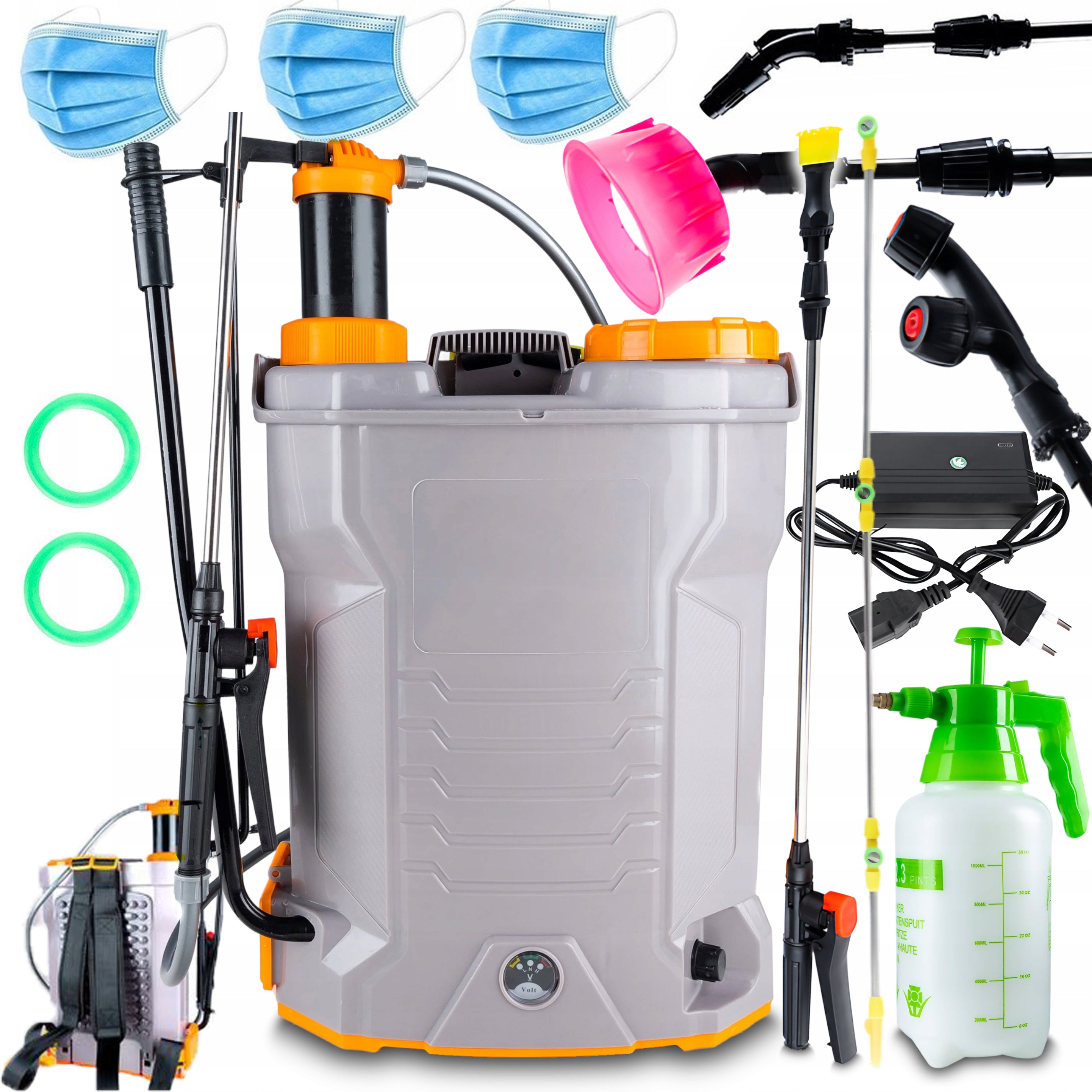 Pompa electrica de stropit cu presiune tip rucsac, Zola, 16 l, presiune reglabila, 7 Bar, debit 4 l/min, 2 filtre in rezervor, 6 duze diferite, lance reglabila 45-80 cm, indicator nivel de incarcare, 3 masti si pelerina incluse, 63 x 37 x 19 cm, gri Pompa electrica de stropit cu presiune tip rucsac, Zola, 16 l, presiune reglabila, 7 Bar, debit 4 l/min, 2 filtre in rezervor, 6 duze diferite, lance reglabila 45-80 cm, indicator nivel de incarcare, 3 masti si pelerina incluse, 63 x 37 x 19 cm, gri
